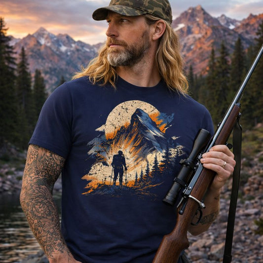 Man holding a rifle in a mountainous landscape wearing a t-shirt with a nature graphic.