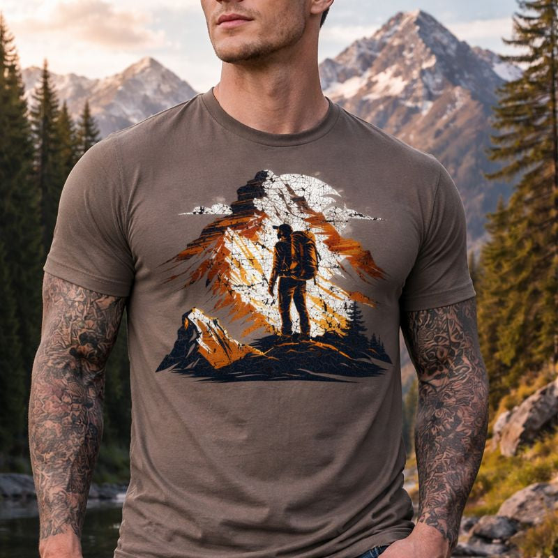 Man wearing a t-shirt with a mountain and hiker design in a natural setting