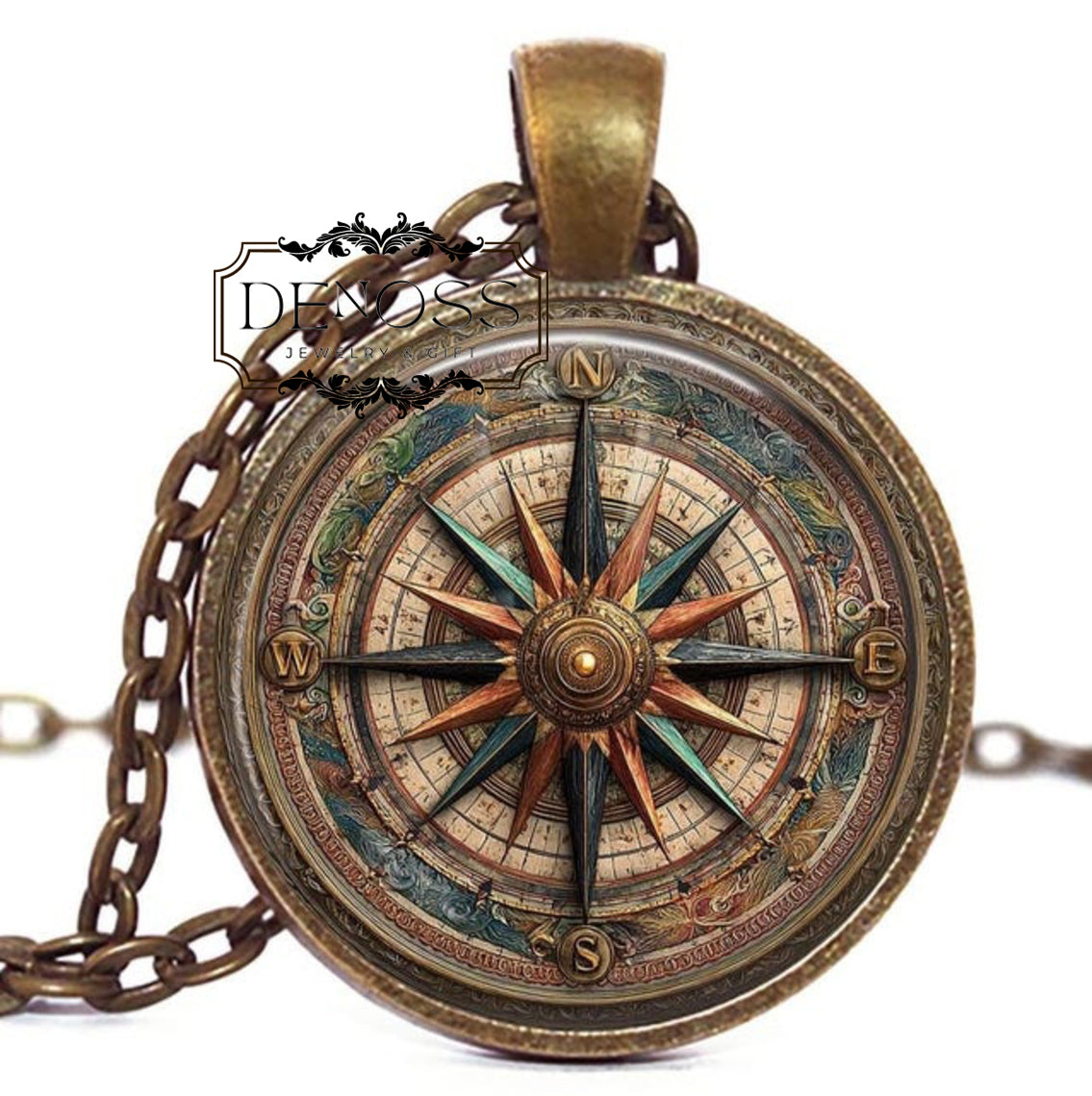 Nautical Compass Wind Rose Glass Art Pendant Necklace ,NOT REAL COMPASS