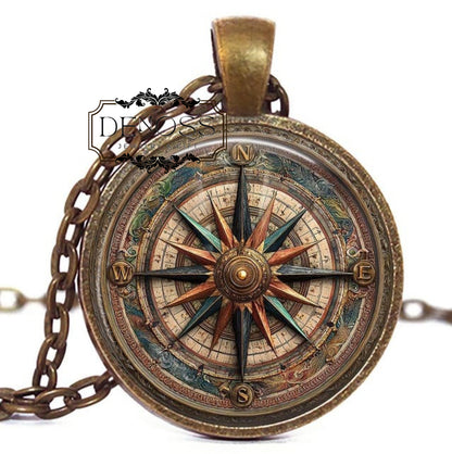 Nautical Compass Wind Rose Glass Art Pendant Necklace ,NOT REAL COMPASS