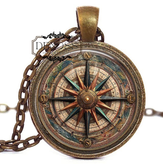 Nautical Compass Wind Rose Glass Art Pendant Necklace ,NOT REAL COMPASS