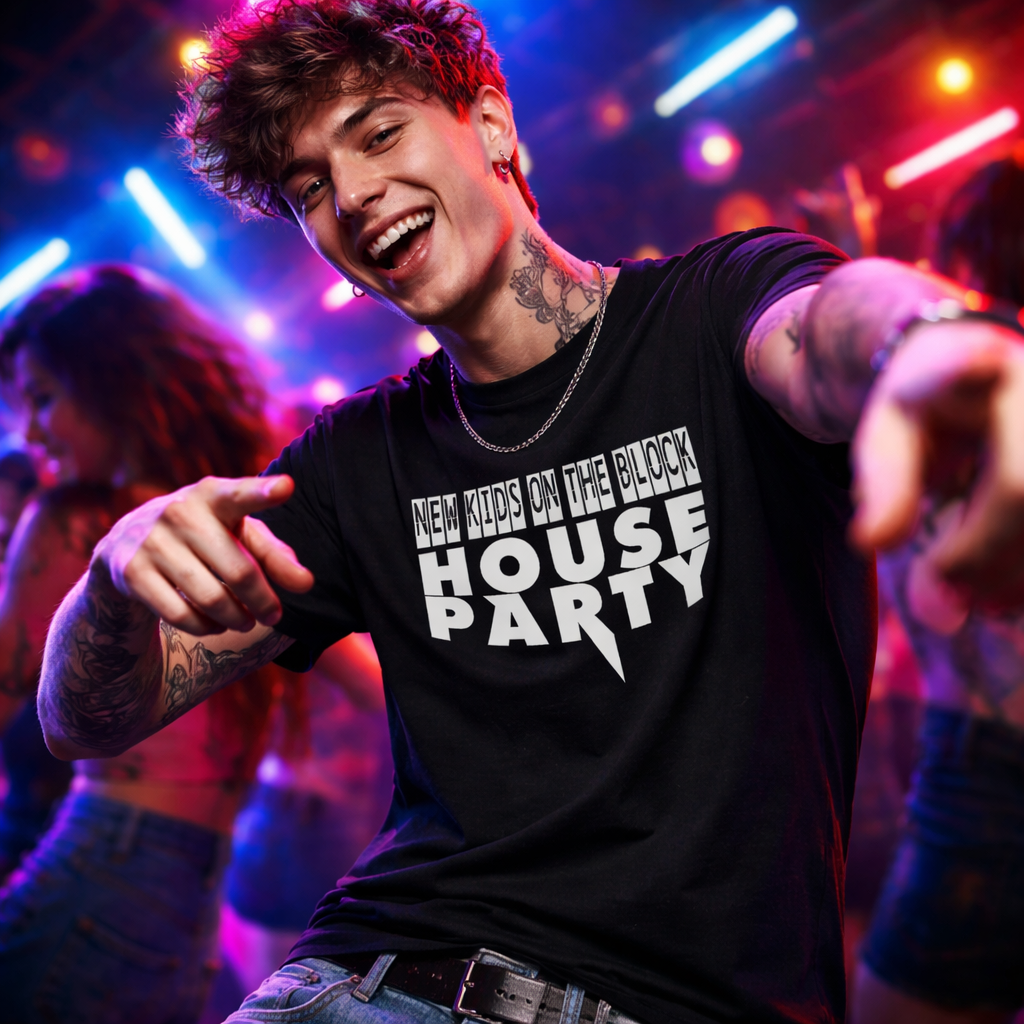 Person wearing a black t-shirt with 'New Kids on the Block House Party' text, pointing forward in a vibrant nightclub setting.