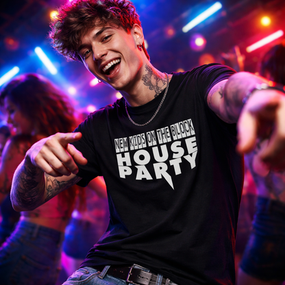 Person wearing a black t-shirt with 'New Kids on the Block House Party' text, pointing forward in a vibrant nightclub setting.
