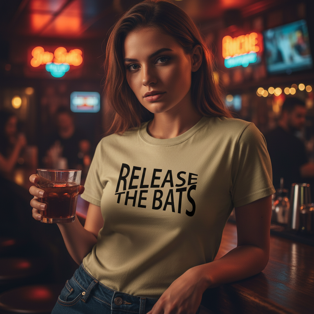 Beige t-shirt with 'RELEASE THE BATS' text on a white background