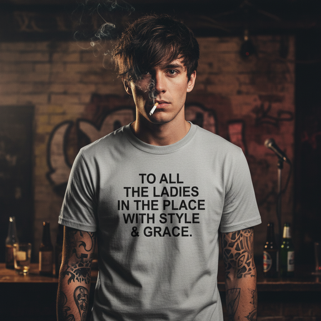 Gray t-shirt with black text on a white background