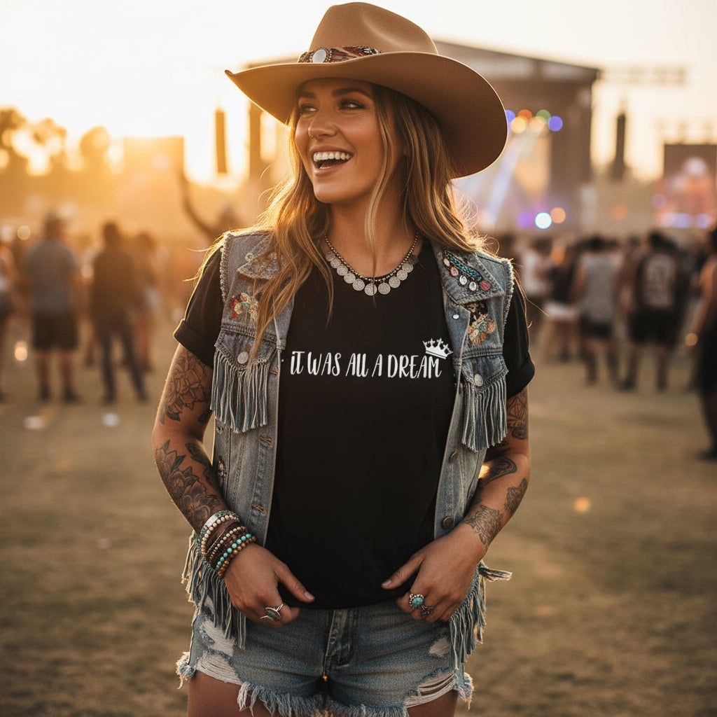 Black t-shirt with 'It was all a dream' text and crown graphic against a rustic background