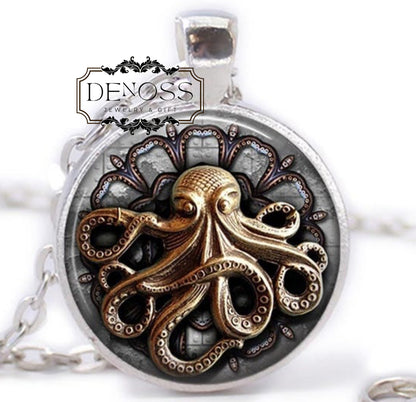 Octopus Necklace,Glass Dome Clock Gears Pendant