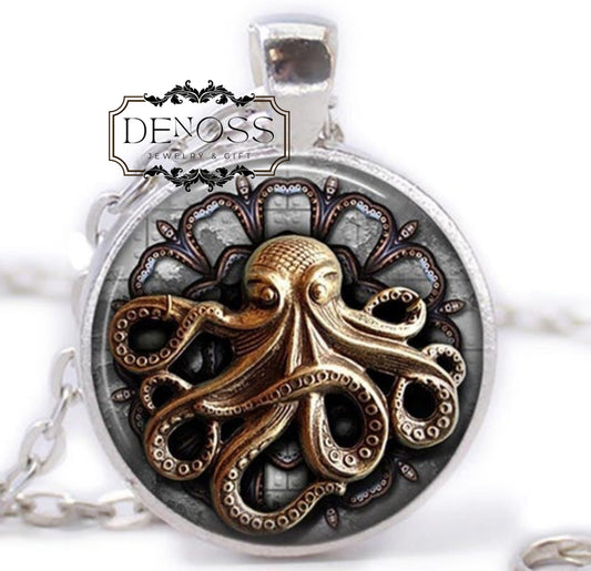 Octopus Necklace,Glass Dome Clock Gears Pendant