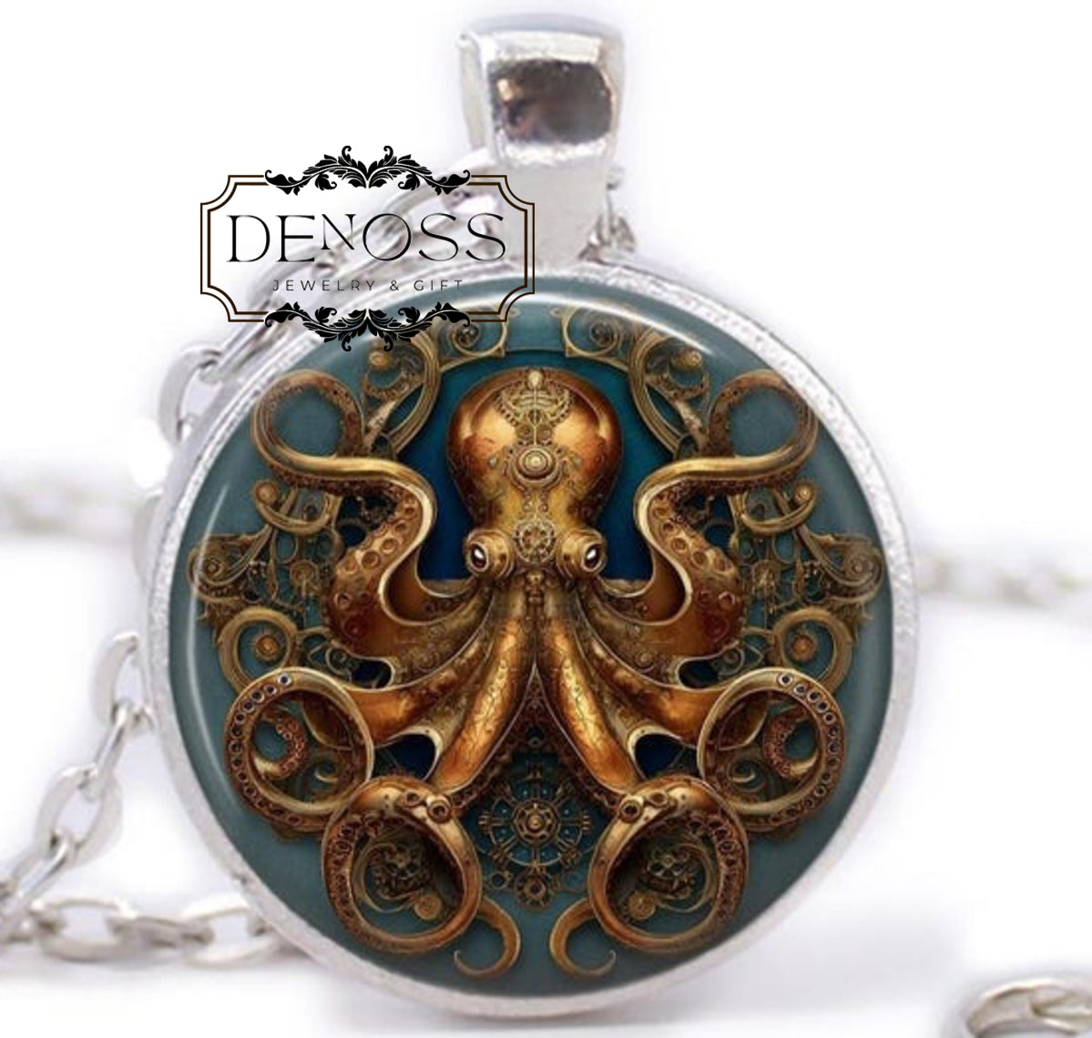 Octopus Necklace,Glass Dome Clock Gears Pendant,Faux Steampunk Octopus
