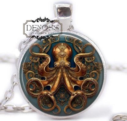 Octopus Necklace,Glass Dome Clock Gears Pendant,Faux Steampunk Octopus