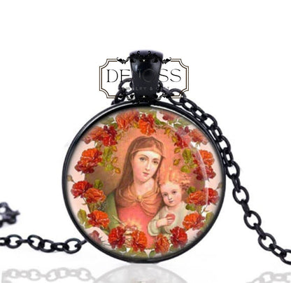Our Lady Mother Mary and Child Jesus with Heart and Roses Necklace,Catholic Medal Religious Pendant Necklace