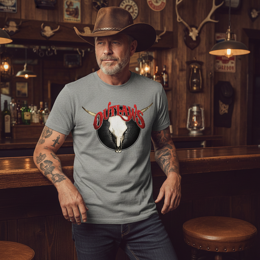 Gray t-shirt with a bull skull and 'Outlaws' text design on a white background