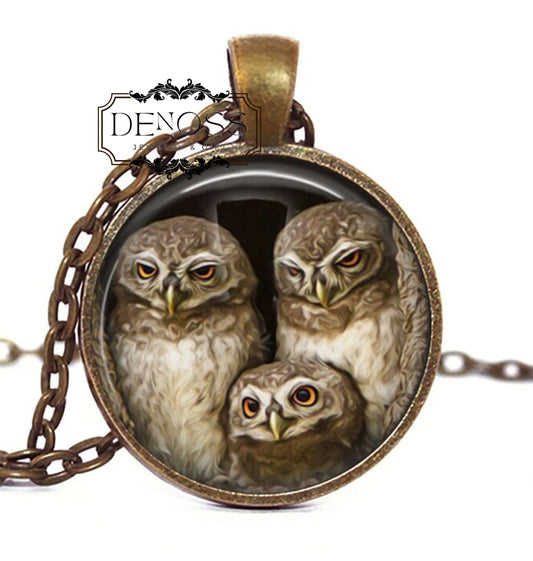Owl Family Glass Tile Necklace,Bird Jewelry Gift Owl Pendant