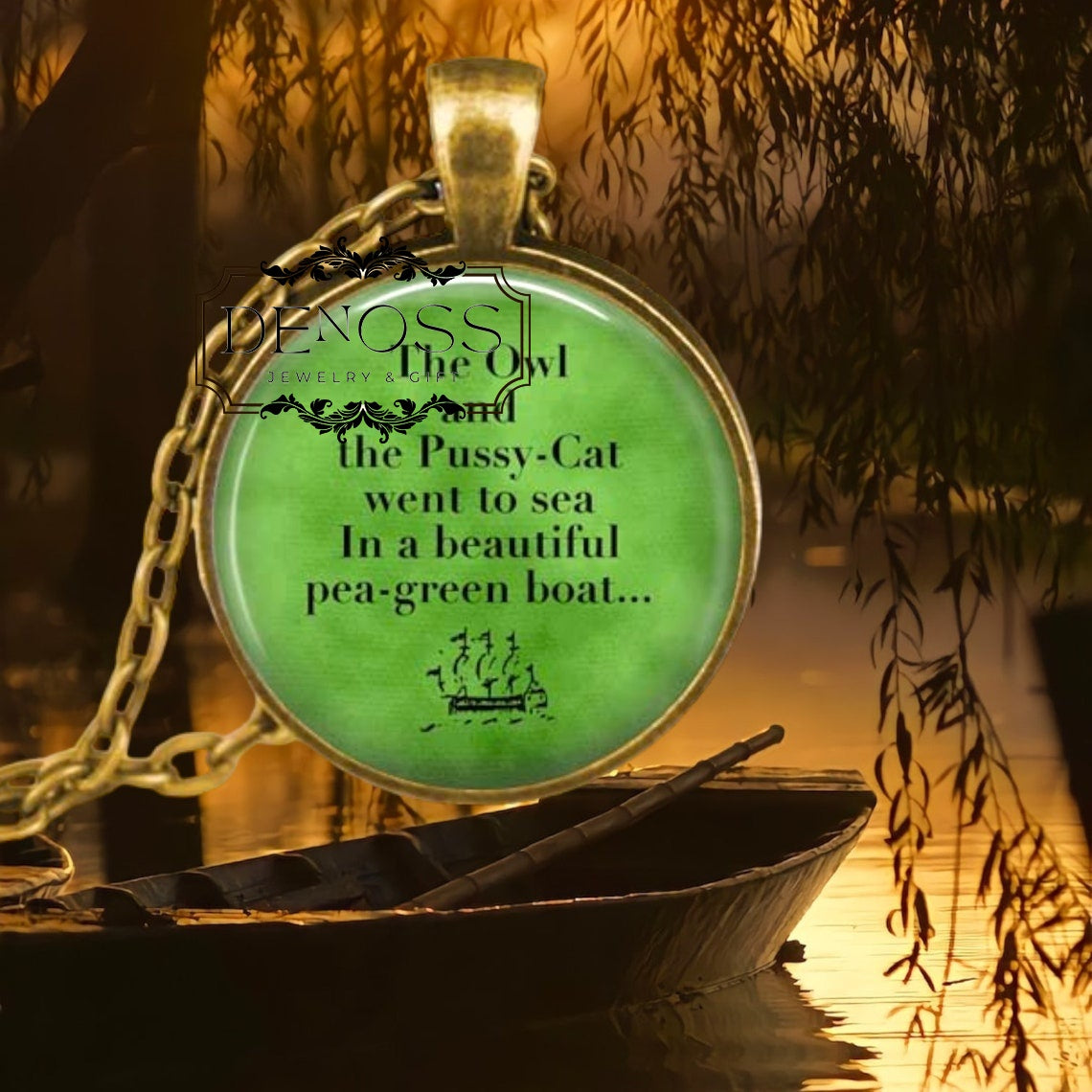 Owl and Pussycat Poem Pendant Necklace,Edward Lear Nursery Rhyme Jewelry