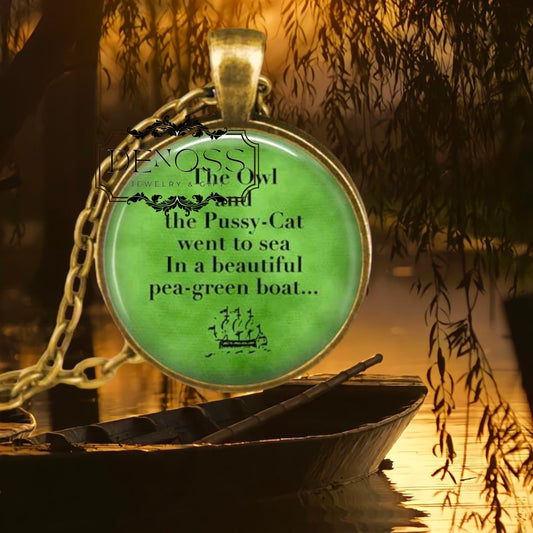 Owl and Pussycat Poem Pendant Necklace,Edward Lear Nursery Rhyme Jewelry - Denoss