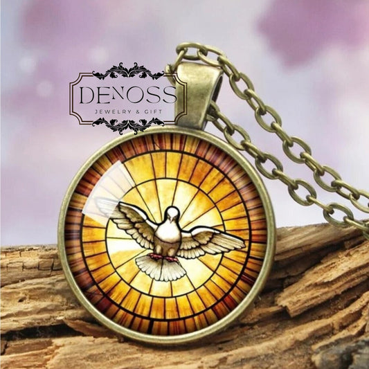 Peace Dove Stained Glass Photo Necklace,Holy Dove of Peace Pendant,Freedom Jewelry,Flying Bird Necklace,Christian Dove Symbol of Love