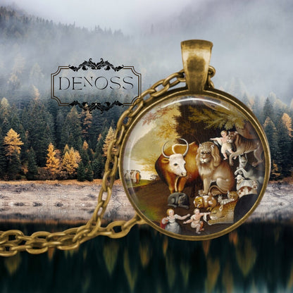 Peaceable Kingdom Pendant Necklace,Edward Hicks Art,Animal Lover Jewelry