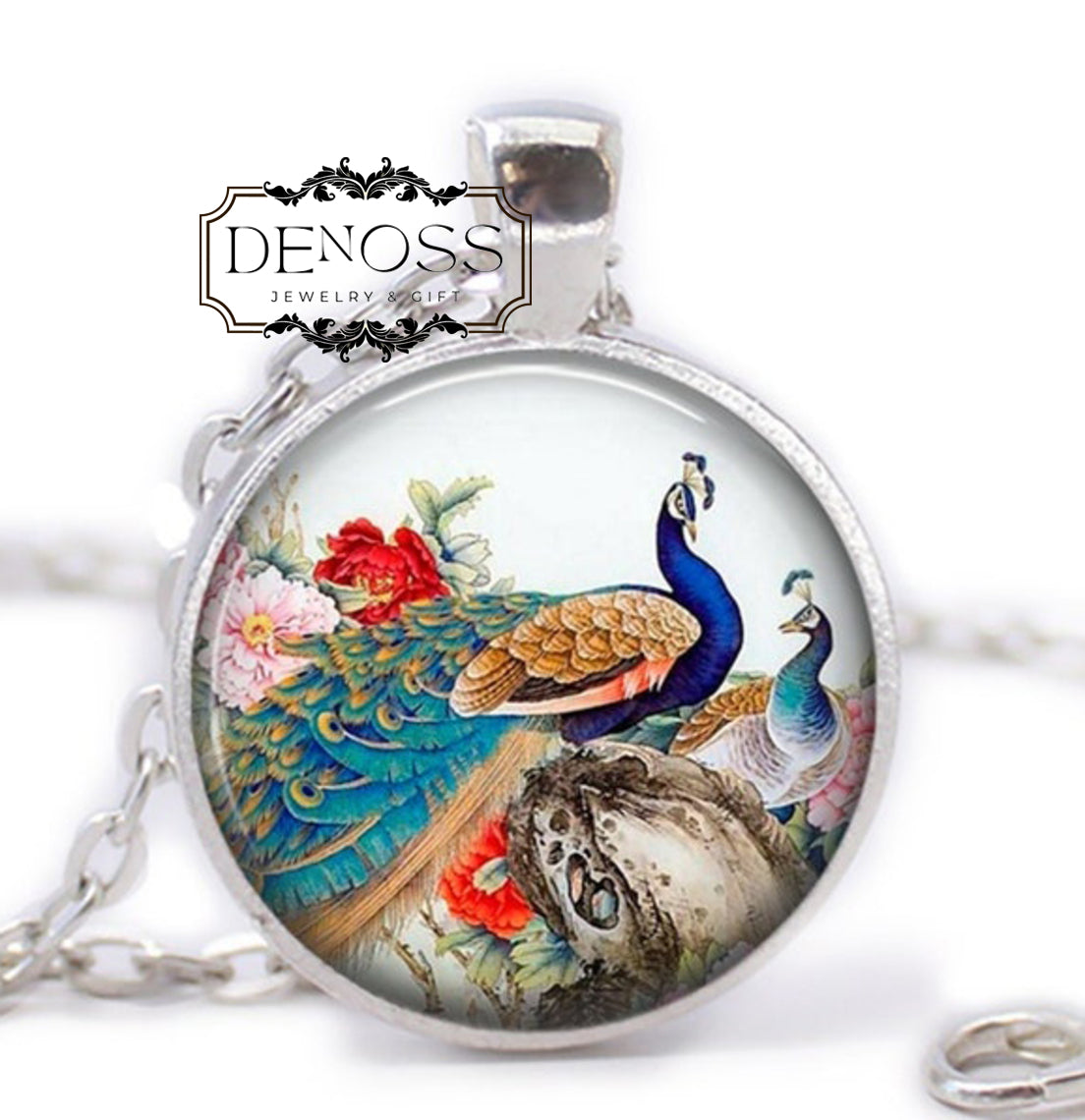 Peacock Feather Necklace,Art Glass Cabochon Pendant,Gift for Mom