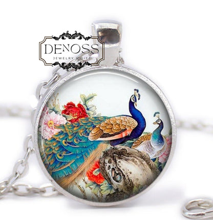Peacock Feather Necklace,Art Glass Cabochon Pendant,Gift for Mom