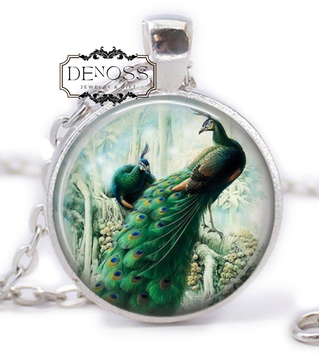 Peacock Feather Necklace,Emerald Art Cabochon Pendant