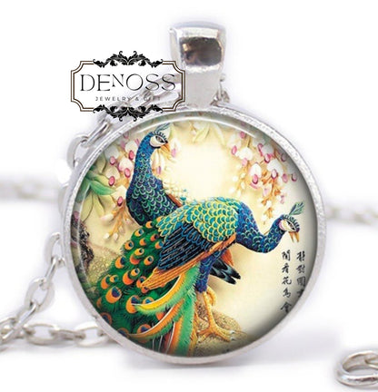 Peacock Feather Necklace,Emerald Art Glass Cabochon Pendant,Victorian Peacock