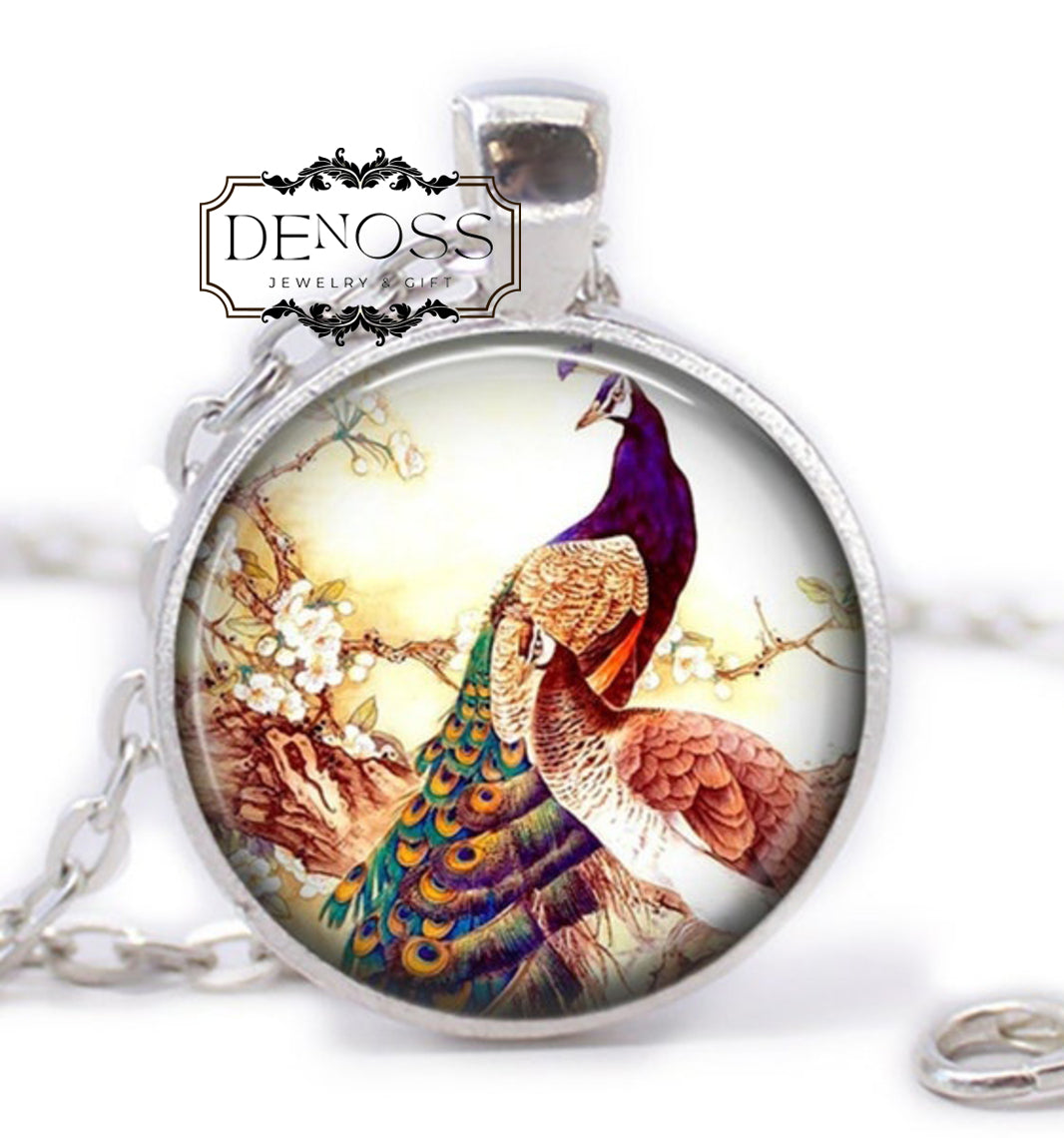 Peacock Feather Necklace,Peacock Art Glass Cabochon Pendant