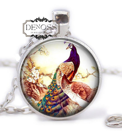 Peacock Feather Necklace,Peacock Art Glass Cabochon Pendant