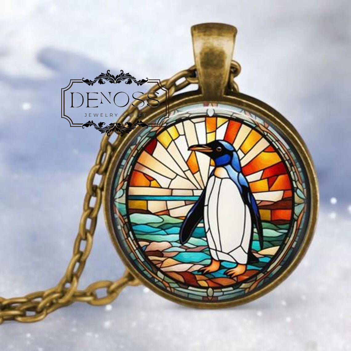 Penguin with Sunset Necklace,Bird Lover Jewelry,Emperor Penguin,Cold Weather Gift