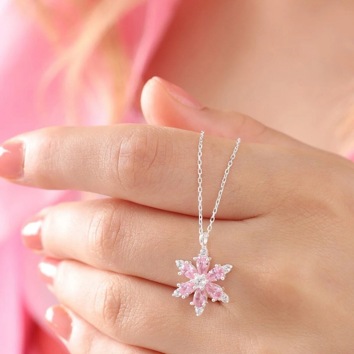 925 Sterling Silver Chain Pink Lotus Camellia Flower of Life Necklace