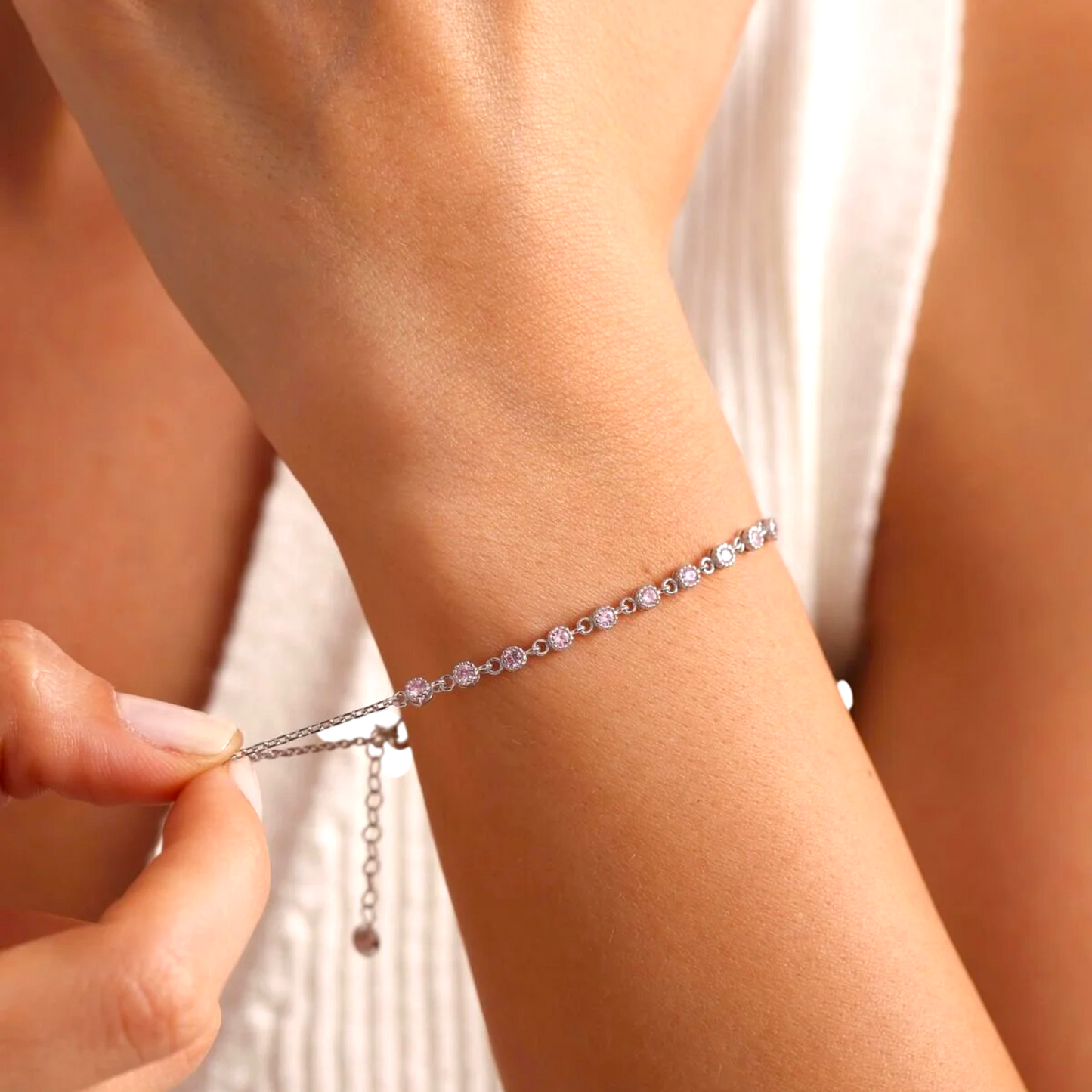 925 Sterling Silver Single Row Pink Bracelet