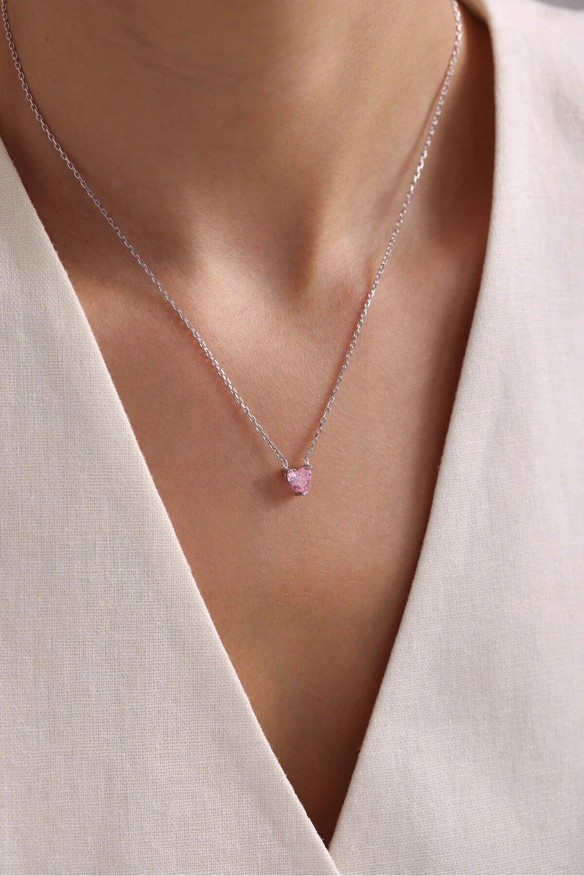 925 Sterling Silver Chain Pink Zircon Necklace