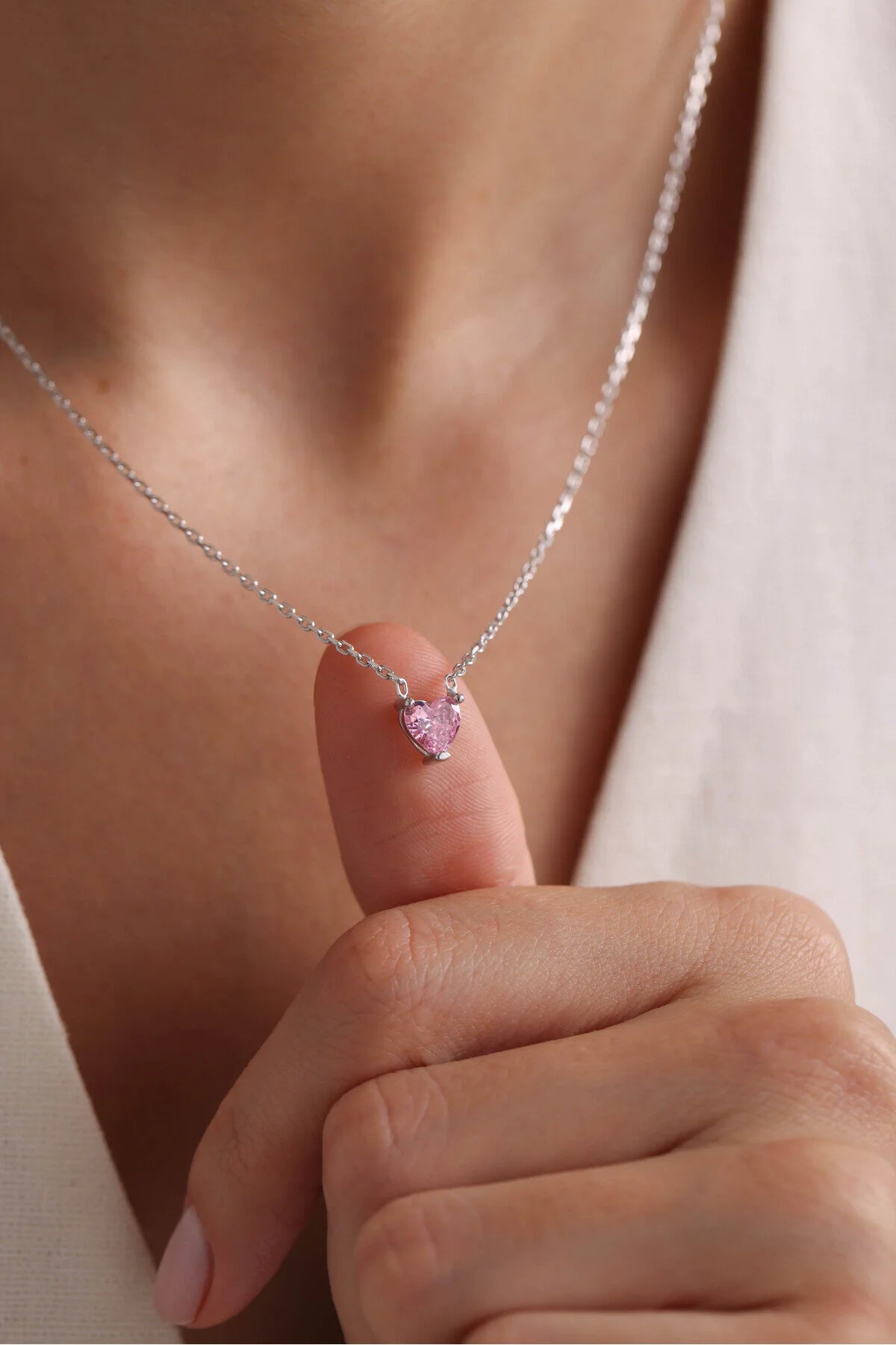 925 Sterling Silver Chain Pink Zircon Necklace