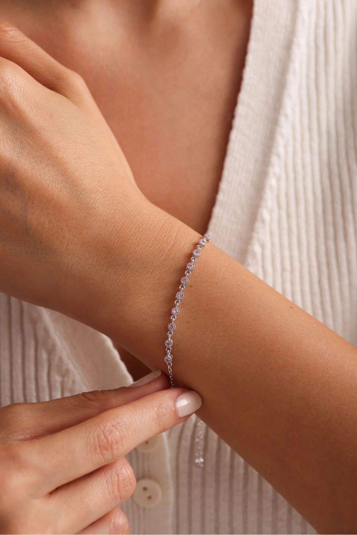 925 Sterling Silver Single Row Pink Bracelet