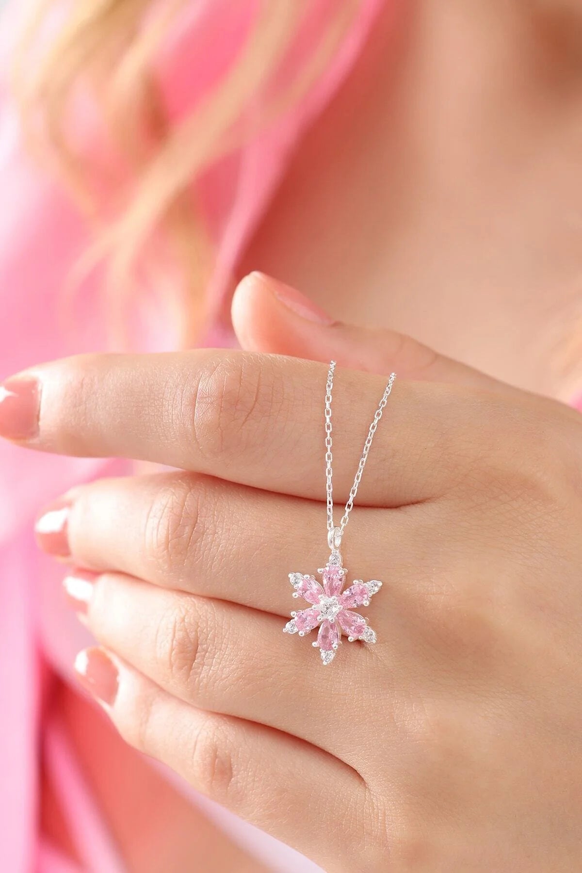925 Sterling Silver Chain Pink Lotus Camellia Flower of Life Necklace