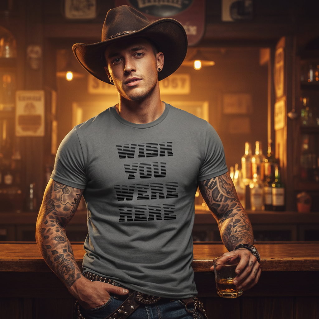 Gray t-shirt with 'Wish You Were Here' text on a white background