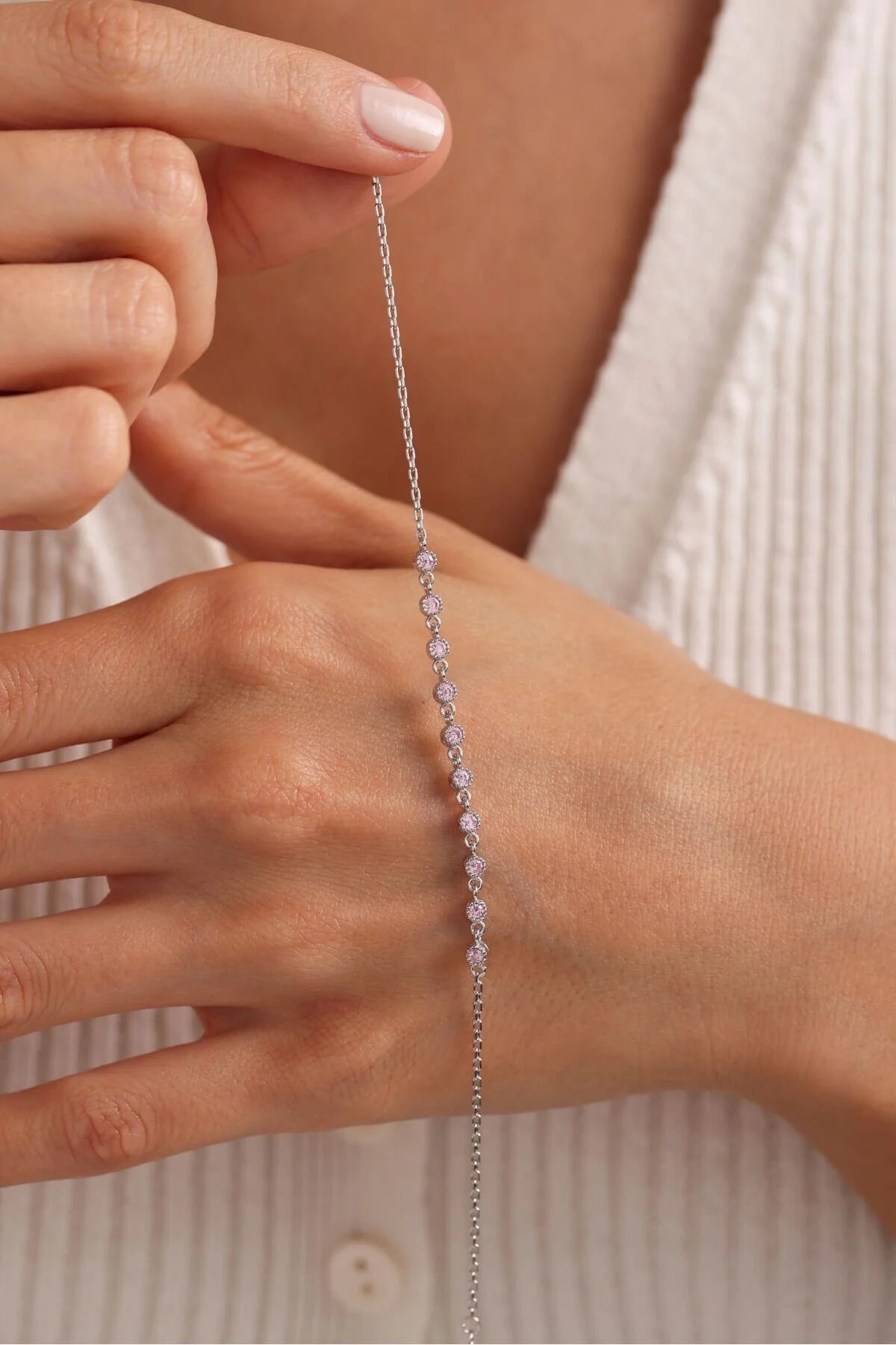 925 Sterling Silver Single Row Pink Bracelet