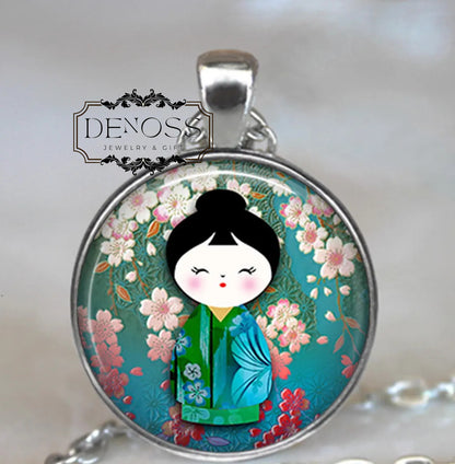Plum Blossom Kokeshi necklace,Japanese doll pendant,Oriental doll,Japanese folk doll