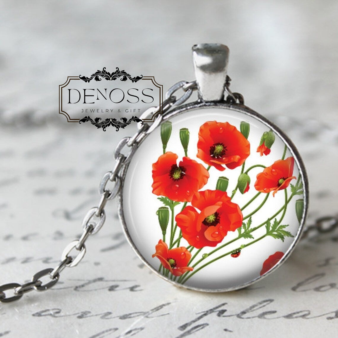 Poppies Pendant Necklace,Red Flowers,Poppy Pendant,Poppy Necklace