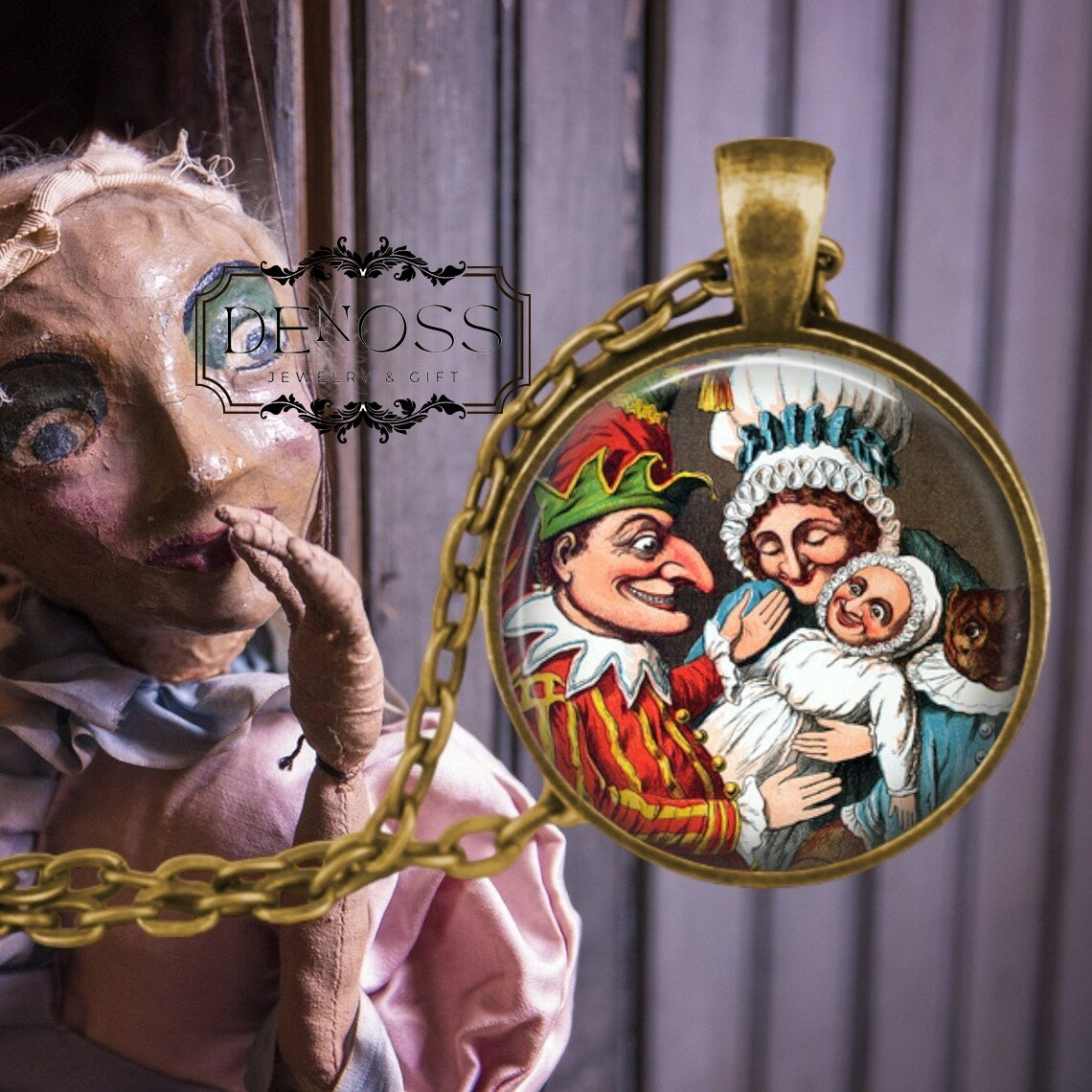Punch and Judy with Baby Necklace,British History,Puppet Show, Punchinello,Slapstick,Marionette,Italian History