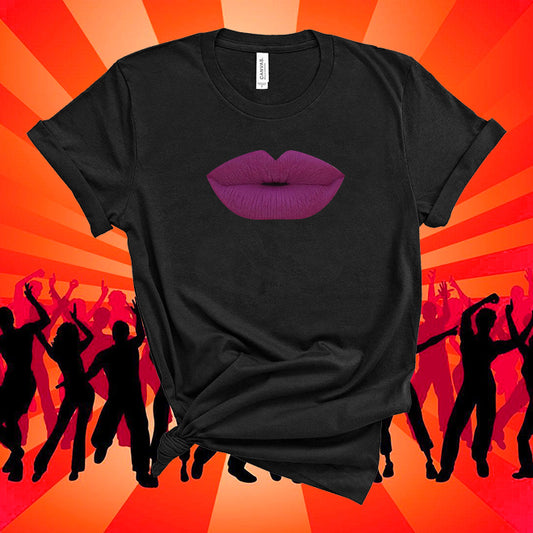 Black t-shirt with purple lips on an orange background with silhouettes of people dancing.
