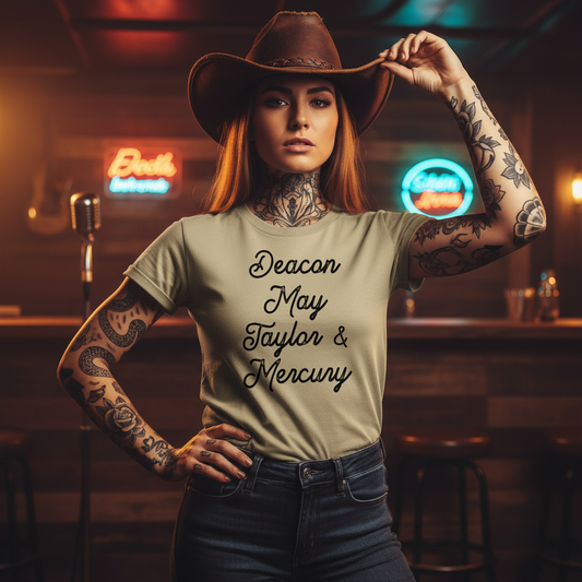 Beige t-shirt with black text on a white background