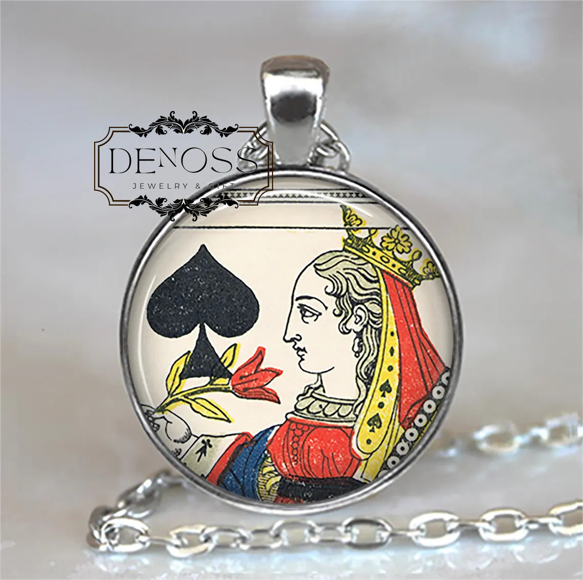 Queen of Spades necklace,antique French playing card gift for card ,Queen jewelry
