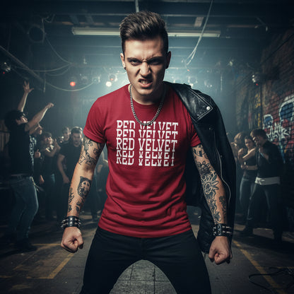 Red t-shirt with 'RED VELVET' text in white, displayed outdoors against a rustic wooden background.