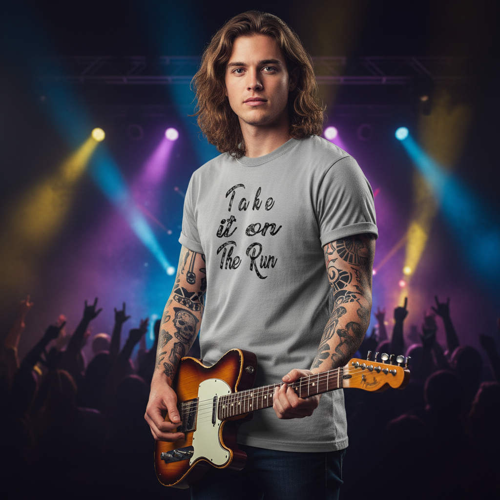 Gray t-shirt with black text 'Take it on The Run' on a white background