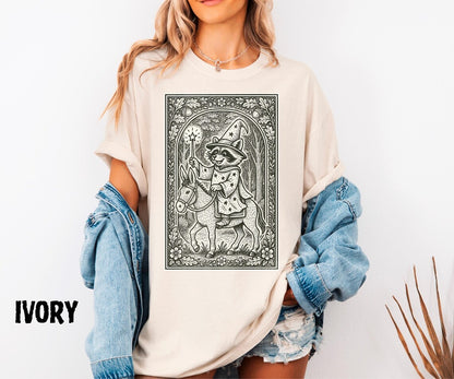 Raccoon Wizard Riding Donkey Shirt, Medieval Linocut Illustration, Fairytale Storybook Style, Whimsical Quirky Fantasy Animal Tee - Denoss