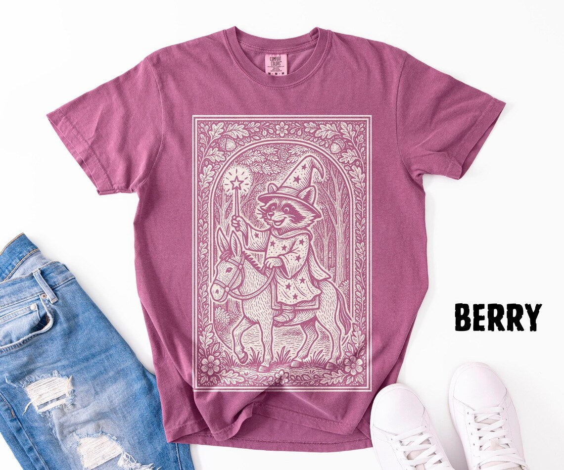 Raccoon Wizard Riding Donkey Shirt, Medieval Linocut Illustration, Fairytale Storybook Style, Whimsical Quirky Fantasy Animal Tee - Denoss