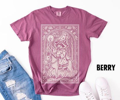 Raccoon Wizard Riding Donkey Shirt, Medieval Linocut Illustration, Fairytale Storybook Style, Whimsical Quirky Fantasy Animal Tee - Denoss
