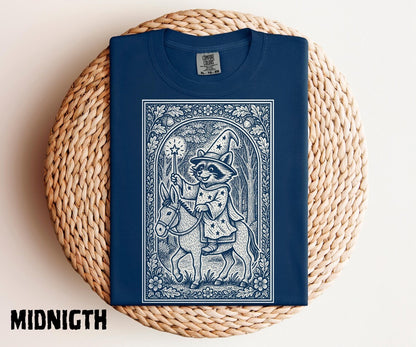 Raccoon Wizard Riding Donkey Shirt, Medieval Linocut Illustration, Fairytale Storybook Style, Whimsical Quirky Fantasy Animal Tee - Denoss