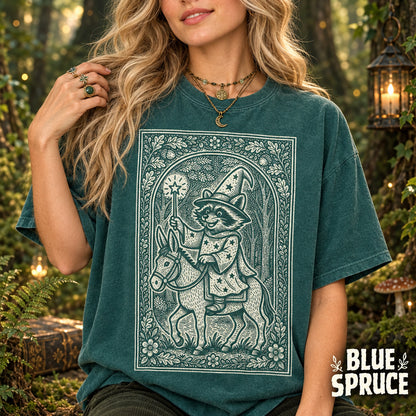 Raccoon Wizard Riding Donkey Shirt, Medieval Linocut Illustration, Fairytale Storybook Style, Whimsical Quirky Fantasy Animal Tee - Denoss
