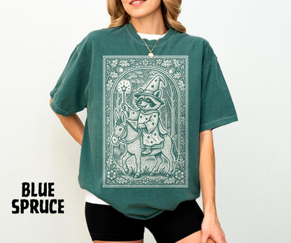 Raccoon Wizard Riding Donkey Shirt, Medieval Linocut Illustration, Fairytale Storybook Style, Whimsical Quirky Fantasy Animal Tee - Denoss